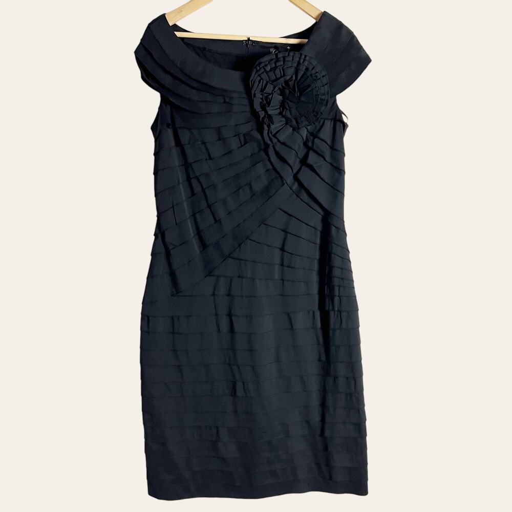 Cartise Black Rosette Tiered Cocktail Sheath Knee Length Dress Size 10